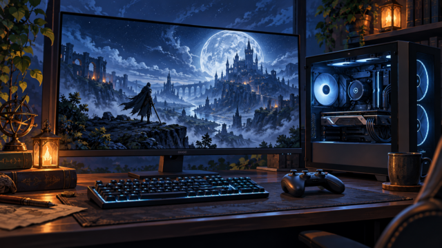 暗いファンタジー世界を映すモニターとゲーミングPCのイメージイラスト